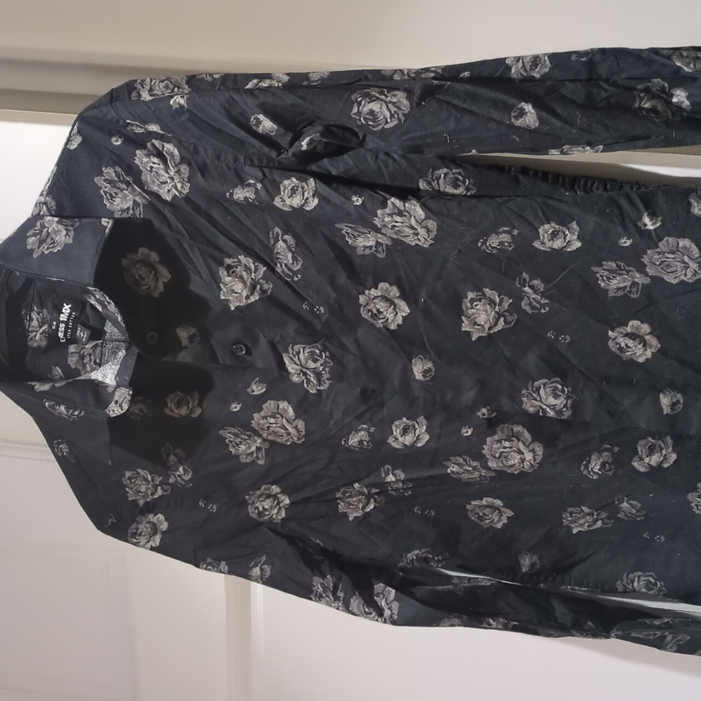 Express men button down sz small slim black floral